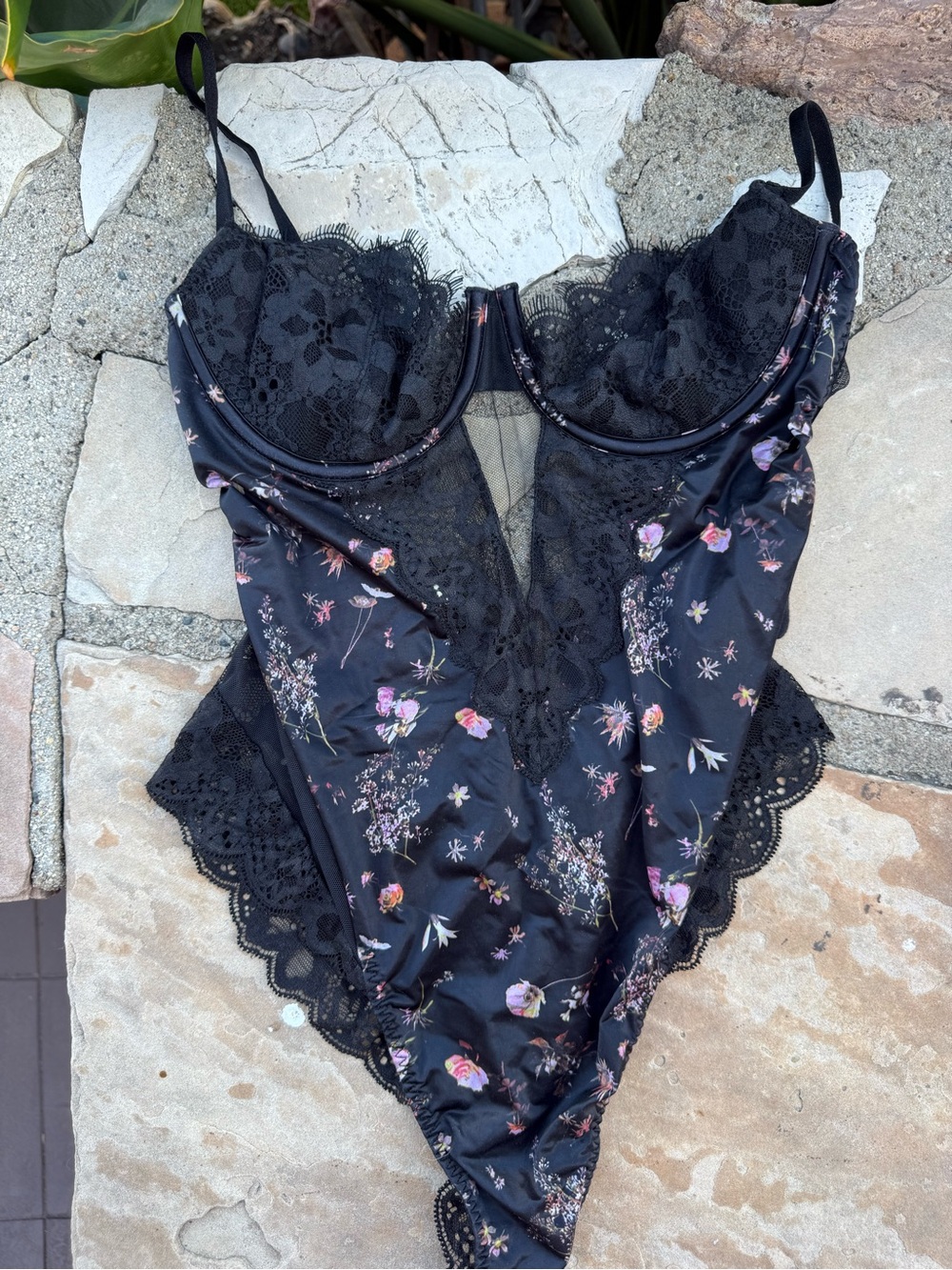 Victoria's Secret Black Floral Lace Bodysuit with Pink Accents